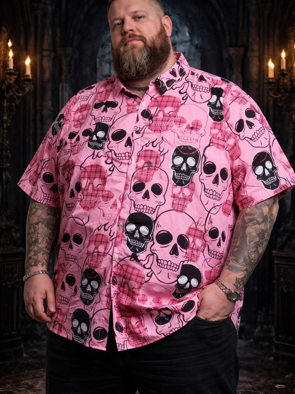 Hurley Pink Short Sleeve Skull Print Button-Down Shirt - Picture 1 of 4